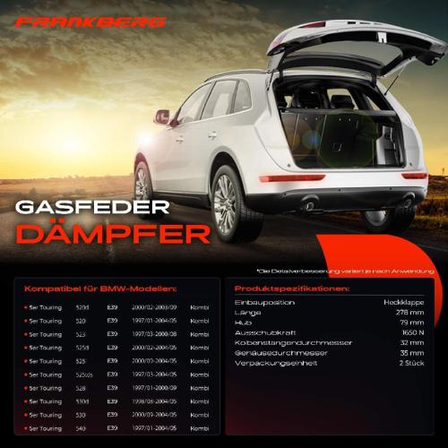 Frankberg 2x Gasfeder D mpfer Heckklappe BMW 5er Touring E39 Kombi 1996-2004 Bild Frankberg 2x Gasfeder D mpfer Heckklappe BMW 5er Touring E39 Kombi 1996-2004