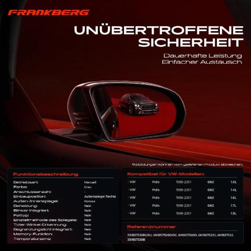 Frankberg 1x Außenspiegel Rechts für VW Polo 6N2 1.0L 1.4L 1.6L 1.7L 1.9L 1999-2001 Bild Frankberg 1x Außenspiegel Rechts für VW Polo 6N2 1.0L 1.4L 1.6L 1.7L 1.9L 1999-2001