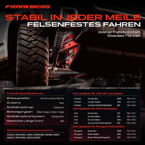 Frankberg 2x Stoßdämpfer Hinterachse für Citroën Jumper Fiat Ducato Peugeot Boxer 1994-2002 Bild Frankberg 2x Stoßdämpfer Hinterachse für Citroën Jumper Fiat Ducato Peugeot Boxer 1994-2002