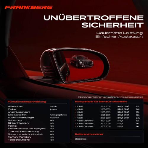 Frankberg 1x Außenspiegel Links für Renault Clio III BR0/1 CR0/1 Grandtour KR0/1 2005-2009 Bild Frankberg 1x Außenspiegel Links für Renault Clio III BR0/1 CR0/1 Grandtour KR0/1 2005-2009