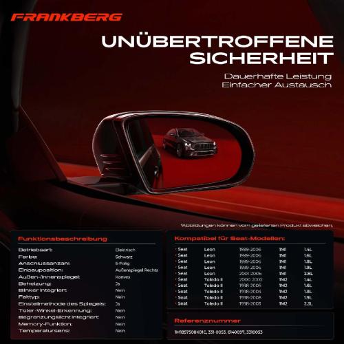 1x Außenspiegel Rechts für Seat Leon Toledo II 1M1 1M2 1998-2006 Bild 1x Außenspiegel Rechts für Seat Leon Toledo II 1M1 1M2 1998-2006