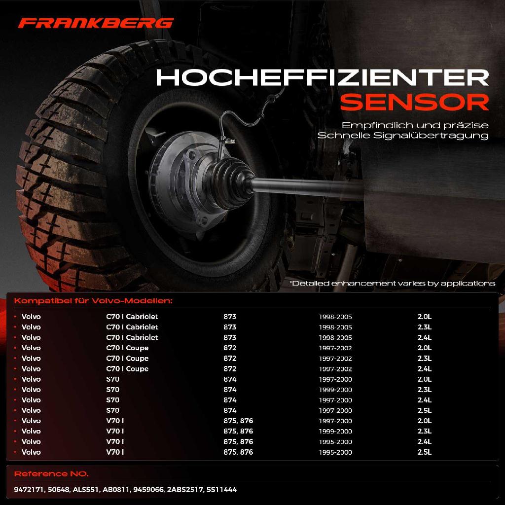 1x ABS Sensor Hinterachse beidseitig für Volvo C70 I Cabriolet Coupe S70 V70 2.0L 2.3L 2.4L 2.5L 1995-2005