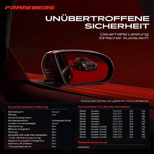 Frankberg 1x Außenspiegel Rechts für Skoda Octavia I 1U2 1U5 1.4L 1.6L 1.8L 1.9L 2.0L 1996-2010 Bild Frankberg 1x Außenspiegel Rechts für Skoda Octavia I 1U2 1U5 1.4L 1.6L 1.8L 1.9L 2.0L 1996-2010