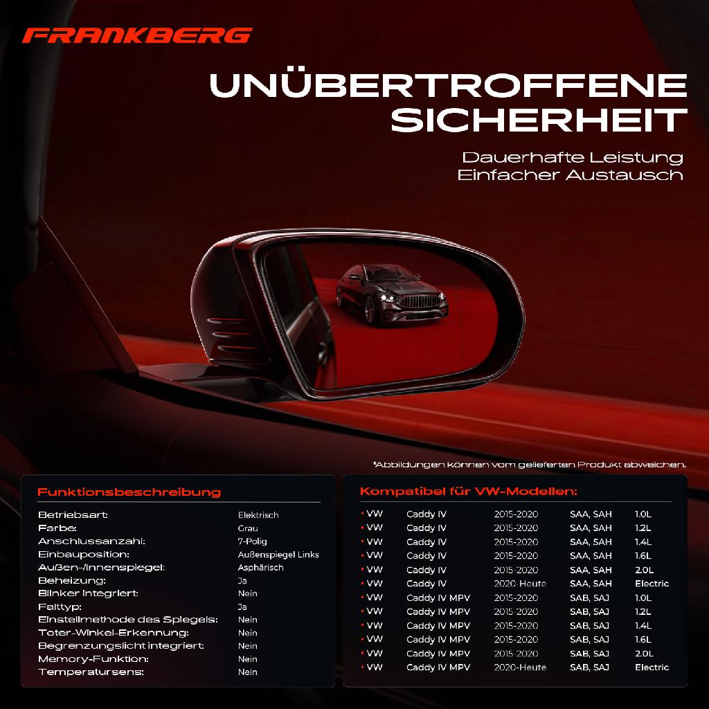 1x Außenspiegel Links für VW Caddy IV SA 1.0L 1.2L 1.4L 1.6L 2.0L Bj ab 2015