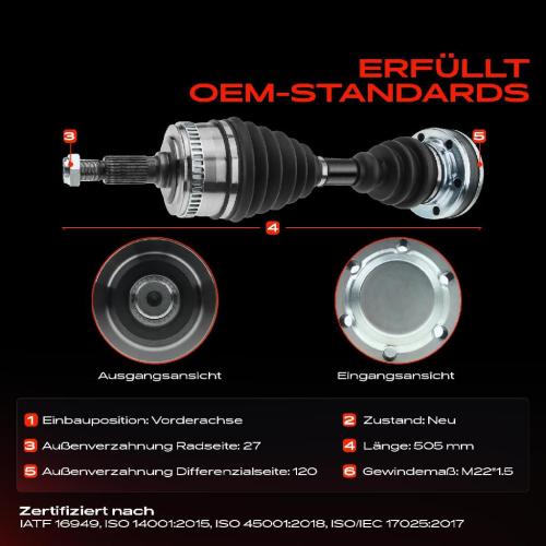 1x Antriebswelle Vorderachse für Mercedes-Benz Vito Bus Kasten W638 V 638/2 2.2L 1999-2003 Bild 1x Antriebswelle Vorderachse für Mercedes-Benz Vito Bus Kasten W638 V 638/2 2.2L 1999-2003