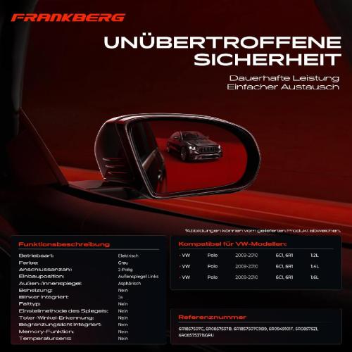 Frankberg 1x Außenspiegel Links für VW Polo 6C1 6R1 1.2L 1.4L 1.6L 2009-2010 Bild Frankberg 1x Außenspiegel Links für VW Polo 6C1 6R1 1.2L 1.4L 1.6L 2009-2010