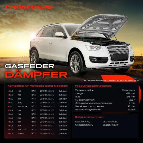 Frankberg 2x Gasfeder Dämpfer Motorhaube für Mercedes SLC SLK R172 Cabriolet 2011-2023 Bild Frankberg 2x Gasfeder Dämpfer Motorhaube für Mercedes SLC SLK R172 Cabriolet 2011-2023