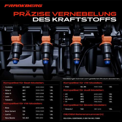 Frankberg 4x Einspritzventil Einspritzdüse für VW Golf Polo Audi A3 A4 TT Seat Skoda Octavia I Bild Frankberg 4x Einspritzventil Einspritzdüse für VW Golf Polo Audi A3 A4 TT Seat Skoda Octavia I
