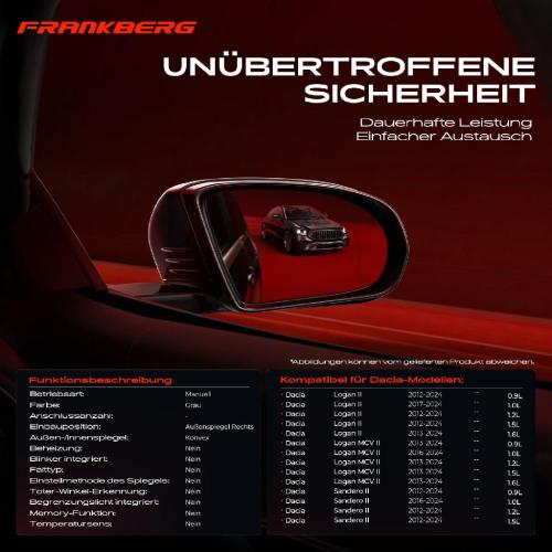 Frankberg 1x Außenspiegel Rechts für Dacia Logan II Sandero II 0.9L 1.0L 1.2L 1.5L 1.6L 2012-2024 Bild Frankberg 1x Außenspiegel Rechts für Dacia Logan II Sandero II 0.9L 1.0L 1.2L 1.5L 1.6L 2012-2024