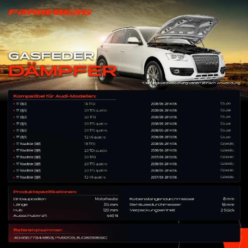 Frankberg 2x Gasfeder Dämpfer Motorhaube für Audi TT 8J3 8J9 Coupe Cabriolet 2006-2014 Bild Frankberg 2x Gasfeder Dämpfer Motorhaube für Audi TT 8J3 8J9 Coupe Cabriolet 2006-2014