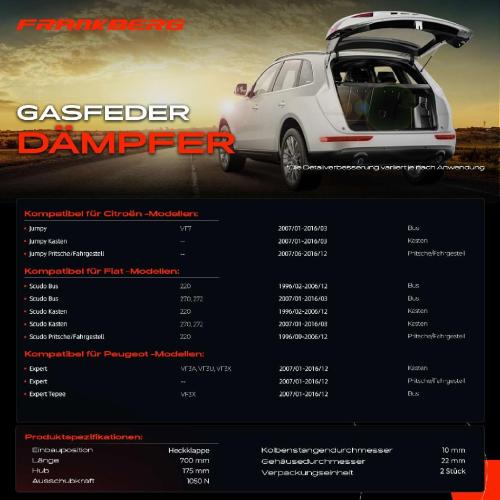 Frankberg 2x Gasfeder Dämpfer Heckklappe Citroën Jumpy Kasten VF7 Fiat Scudo Kasten 1996-2016 Bild Frankberg 2x Gasfeder Dämpfer Heckklappe Citroën Jumpy Kasten VF7 Fiat Scudo Kasten 1996-2016