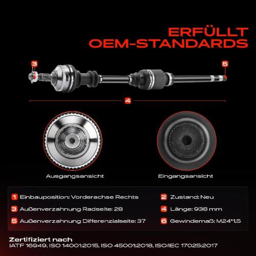 1x Antriebswelle Vorderachse Rechts für Peugeot 607 9D 9U 2000-2006 2.0L 2.2L Bild 1x Antriebswelle Vorderachse Rechts für Peugeot 607 9D 9U 2000-2006 2.0L 2.2L