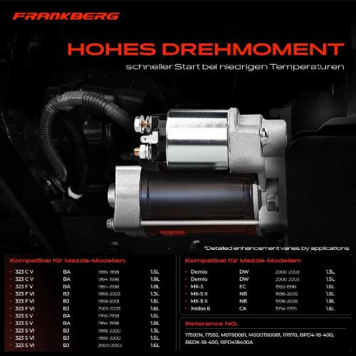 Frankberg 1x Anlasser Starter für Mazda 323 C V F VI S Demio MX-3 MX-5 II Xedos 6 1.5L 1.8L 1.3L 1.6L 1993-2005 Bild Frankberg 1x Anlasser Starter für Mazda 323 C V F VI S Demio MX-3 MX-5 II Xedos 6 1.5L 1.8L 1.3L 1.6L 1993-2005