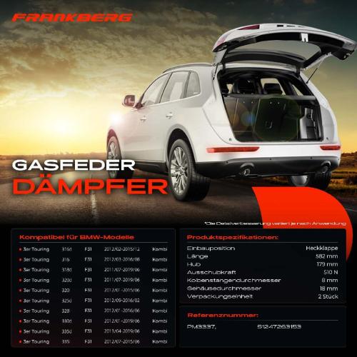 Frankberg 2x Gasfeder Dämpfer Heckklappe für BMW 3er Touring F31 Kombi 2011-2019 Bild Frankberg 2x Gasfeder Dämpfer Heckklappe für BMW 3er Touring F31 Kombi 2011-2019