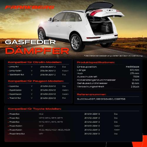 Frankberg 2x Gasfeder Dämpfer Heckklappe Citroën Jumpy V Bus Kasten Bj ab 2016 Bild Frankberg 2x Gasfeder Dämpfer Heckklappe Citroën Jumpy V Bus Kasten Bj ab 2016