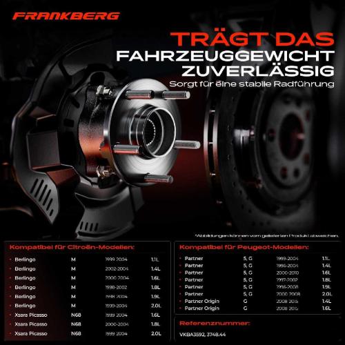 Frankberg 1x Radnabe Radlagersatz Hinterachse beidseitig für Citroën Berlingo/Berlingo First MPV Xsara Picasso Bild Frankberg 1x Radnabe Radlagersatz Hinterachse beidseitig für Citroën Berlingo/Berlingo First MPV Xsara Picasso