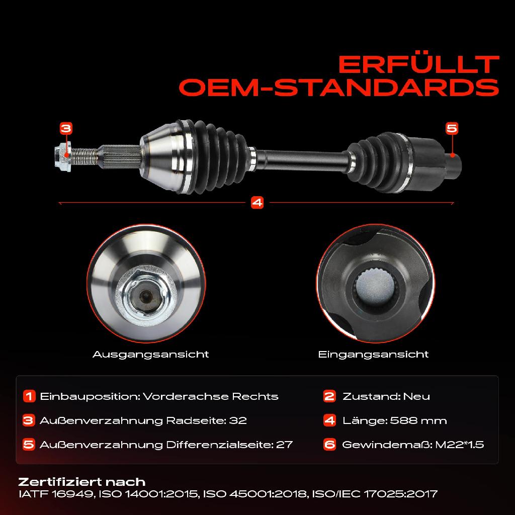 1x Antriebswelle Vorderachse Rechts für Chrysler Grand Voyager V RT Dodge Grand Caravan Bj ab 2010