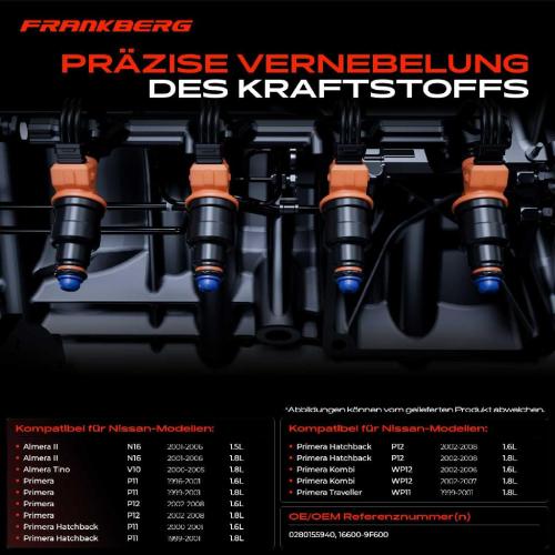 Frankberg 4x Einspritzventil Einspritzdüse für Nissan Almera II Primera 1996-2008 Bild Frankberg 4x Einspritzventil Einspritzdüse für Nissan Almera II Primera 1996-2008