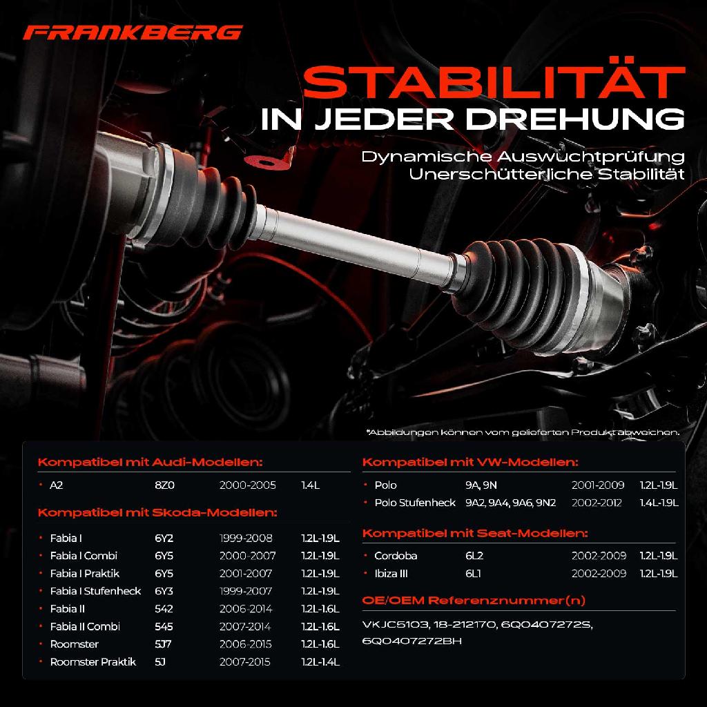 1x Antriebswelle Vorderachse Rechts für Audi A2 VW Polo Seat Cordoba Ibiza III Skoda Fabia Roomster