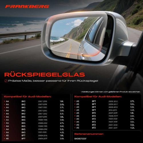 Frankberg 1x Spiegelglas Außenspiegel links für Audi A3 Sportback A4 Avant A5 Cabriolet Bild Frankberg 1x Spiegelglas Außenspiegel links für Audi A3 Sportback A4 Avant A5 Cabriolet