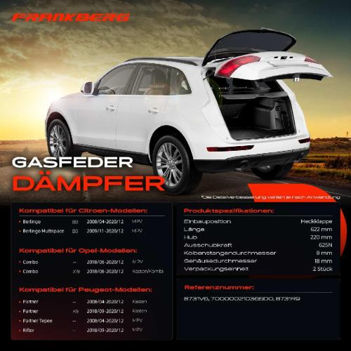 Frankberg 2x Gasfeder Dämpfer Heckklappe für Citroën Berlingo Opel Combo Peugeot Partner Kasten/MPV 2008-2020 Bild Frankberg 2x Gasfeder Dämpfer Heckklappe für Citroën Berlingo Opel Combo Peugeot Partner Kasten/MPV 2008-2020