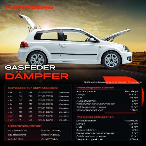 4x Gasfeder Dämpfer Heckklappe Motorhaube für BMW 5er E39 Limousine 1995-2003 Bild 4x Gasfeder Dämpfer Heckklappe Motorhaube für BMW 5er E39 Limousine 1995-2003