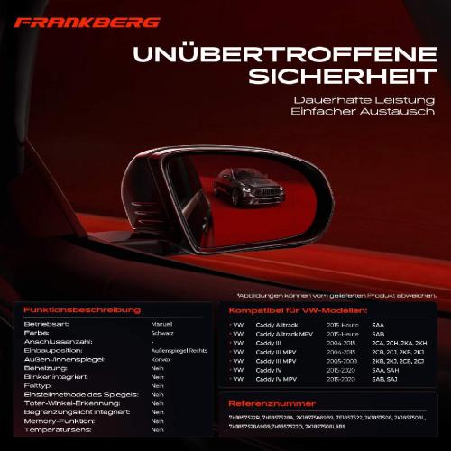 Frankberg 1x Außenspiegel Rechts für VW Caddy Alltrack Caddy 3 4 2C 2K 2K 2C SAB SAJ Bj ab 2004 Bild Frankberg 1x Außenspiegel Rechts für VW Caddy Alltrack Caddy 3 4 2C 2K 2K 2C SAB SAJ Bj ab 2004