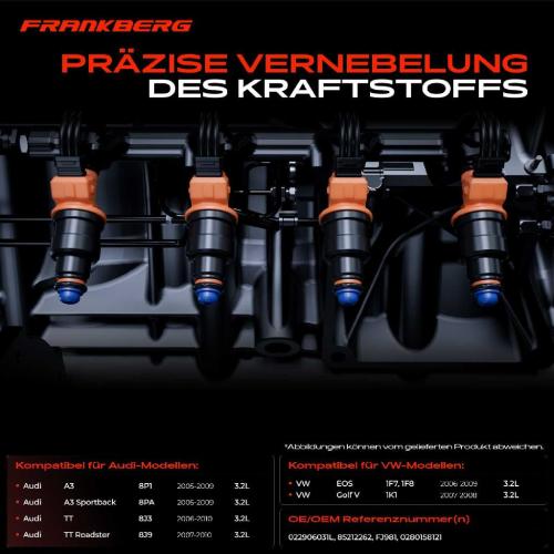 Frankberg 6x Einspritzventil Einspritzdüse für VW Golf V 1K1 EOS Audi A3 8P TT 8J 3.2L Bild Frankberg 6x Einspritzventil Einspritzdüse für VW Golf V 1K1 EOS Audi A3 8P TT 8J 3.2L