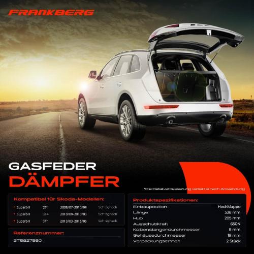 Frankberg 2x Gasfeder Dämpfer Heckklappe Skoda Superb II 3T4 Schrägheck 2008-2015 Bild Frankberg 2x Gasfeder Dämpfer Heckklappe Skoda Superb II 3T4 Schrägheck 2008-2015