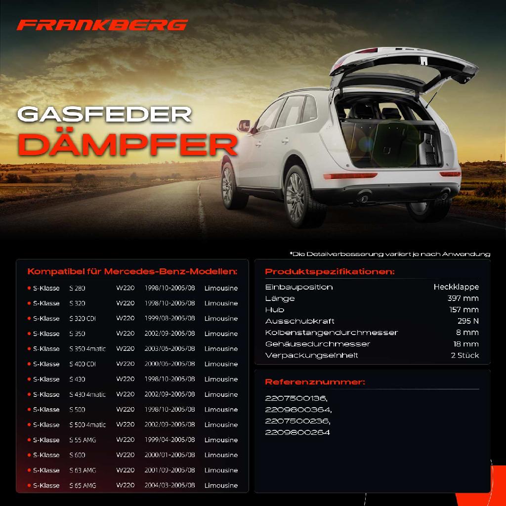 2x Gasfeder Dämpfer Heckklappe für Mercedes-Benz S-Klasse W220 Limousine 1998-2005