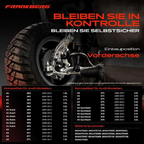 Frankberg 1x Querlenker Satz Vorderachse für Audi A4 Avant A5 Cabriolet Sportback 2.7L 3.0L 3.2L 4.2L 2007-2017 Bild Frankberg 1x Querlenker Satz Vorderachse für Audi A4 Avant A5 Cabriolet Sportback 2.7L 3.0L 3.2L 4.2L 2007-2017
