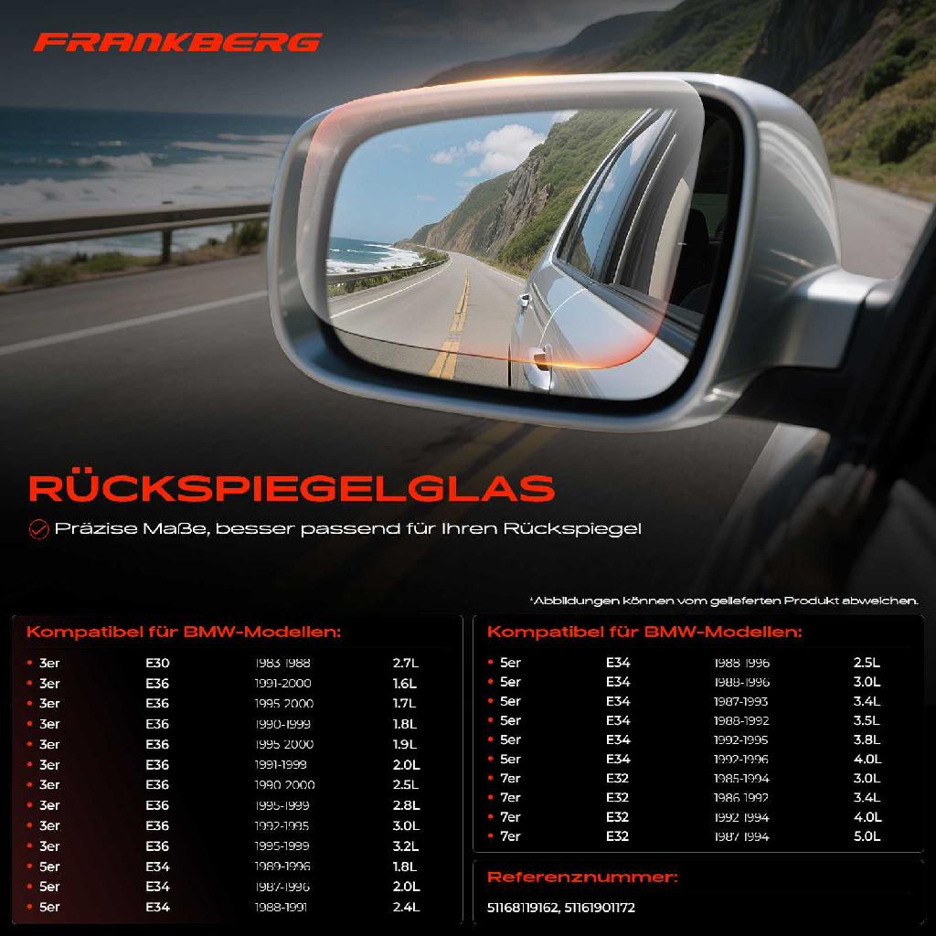 1x Spiegelglas Außenspiegel rechts für BMW 3er E30 E36 5er E34 7er E32 1982-2000