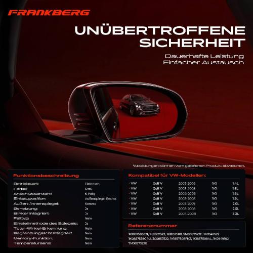 Frankberg 1x Außenspiegel Rechts für VW Golf V 1K1 1.4L 1.6L 1.8L 1.9L 2.0L 2.5L 3.2L 2003-2009 Bild Frankberg 1x Außenspiegel Rechts für VW Golf V 1K1 1.4L 1.6L 1.8L 1.9L 2.0L 2.5L 3.2L 2003-2009
