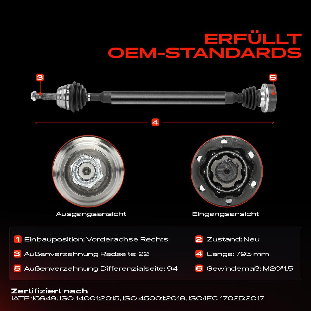 1x Antriebswelle Vorderachse Rechts für VW Golf III 1H1 Passat Variant 3A5