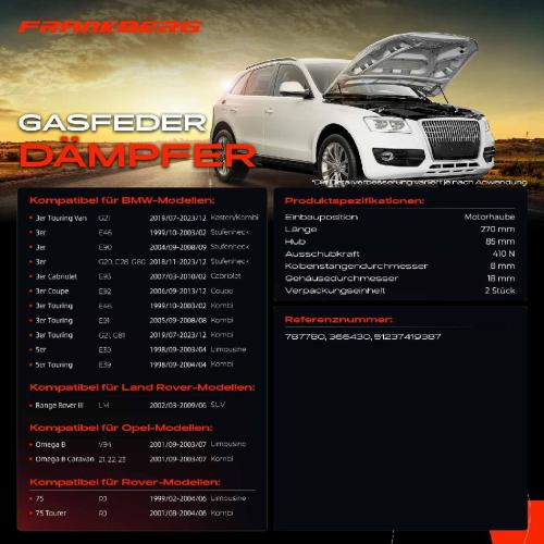 Frankberg 2x Gasfeder Dämpfer Motorhaube für BMW 3er E46 E90 5er E39 Opel Omega B Land Rover Bj ab 1998 Bild Frankberg 2x Gasfeder Dämpfer Motorhaube für BMW 3er E46 E90 5er E39 Opel Omega B Land Rover Bj ab 1998