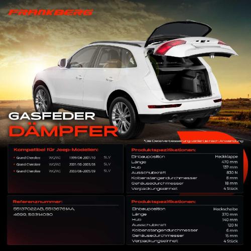 4x Gasfeder Dämpfer Heckklappe Heckscheibe für Jeep Grand Cherokee WG SUV 1999-2004 Bild 4x Gasfeder Dämpfer Heckklappe Heckscheibe für Jeep Grand Cherokee WG SUV 1999-2004