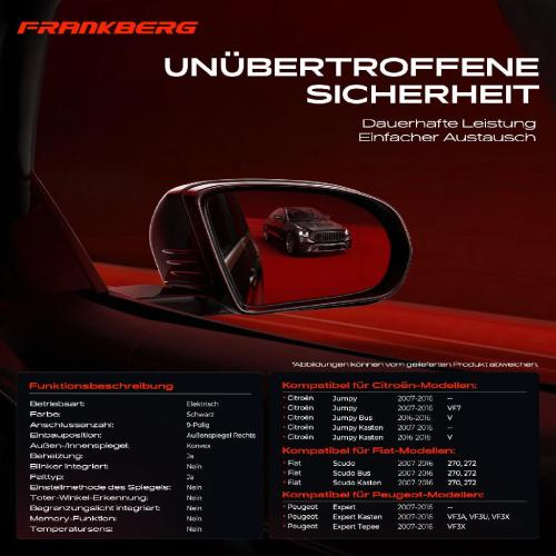 Frankberg 1x Außenspiegel Rechts für Citroën Jumpy Kasten Fiat Scudo Bus Pritsche Peugeot Expert Bild Frankberg 1x Außenspiegel Rechts für Citroën Jumpy Kasten Fiat Scudo Bus Pritsche Peugeot Expert