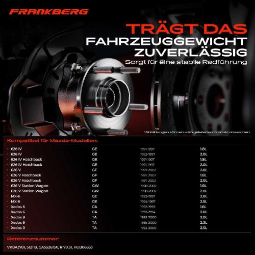 Frankberg 2x Radnabe Radlagersatz Hinterachse beidseitig für Mazda 626 IV Hatchback V Station Wagon MX-6 Xedos 6 9 Bild Frankberg 2x Radnabe Radlagersatz Hinterachse beidseitig für Mazda 626 IV Hatchback V Station Wagon MX-6 Xedos 6 9