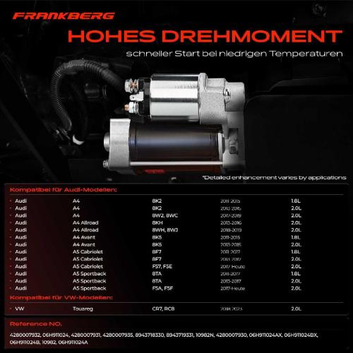 Frankberg 1x Anlasser Starter für VW Touareg Audi A4 Allroad Avant A5 Cabriolet Sportback A6 A7 A8 Q5 Q7 Bild Frankberg 1x Anlasser Starter für VW Touareg Audi A4 Allroad Avant A5 Cabriolet Sportback A6 A7 A8 Q5 Q7