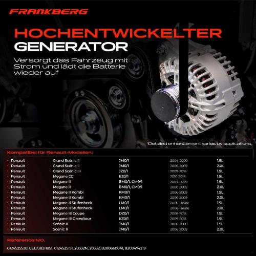 Frankberg 1x Lichtmaschine Generator f r Renault Grand Sc nic Megane 2 3 Bj ab 2006 1.9L 2.0L Bild Frankberg 1x Lichtmaschine Generator f r Renault Grand Sc nic Megane 2 3 Bj ab 2006 1.9L 2.0L