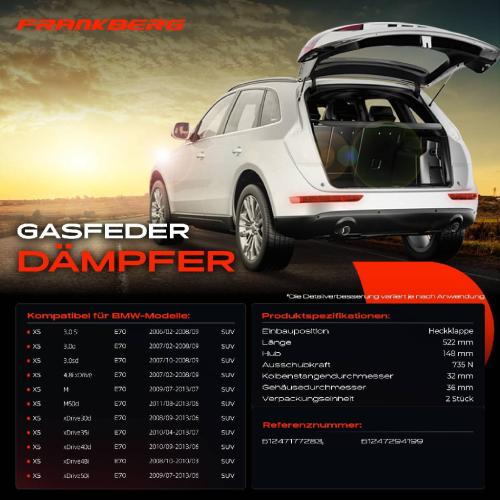 Frankberg 2x Gasfeder Dämpfer Heckklappe für BMW X5 E70 SUV 2006-2013 Bild Frankberg 2x Gasfeder Dämpfer Heckklappe für BMW X5 E70 SUV 2006-2013