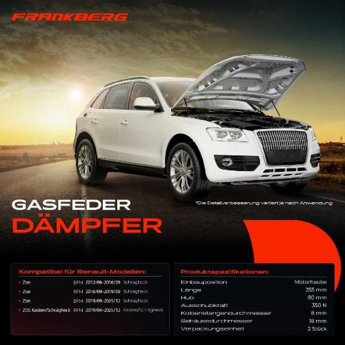 Frankberg 2x Gasfeder Dämpfer Motorhaube für Renault ZOE Kasten/Schrägheck BFM Bj ab 2012 Bild Frankberg 2x Gasfeder Dämpfer Motorhaube für Renault ZOE Kasten/Schrägheck BFM Bj ab 2012