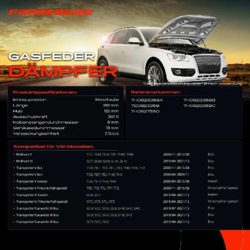 Frankberg 1x Gasfeder Dämpfer Motorhaube für VW Multivan V VI Transporter V VI Caravelle VI 2003-2021 Bild Frankberg 1x Gasfeder Dämpfer Motorhaube für VW Multivan V VI Transporter V VI Caravelle VI 2003-2021