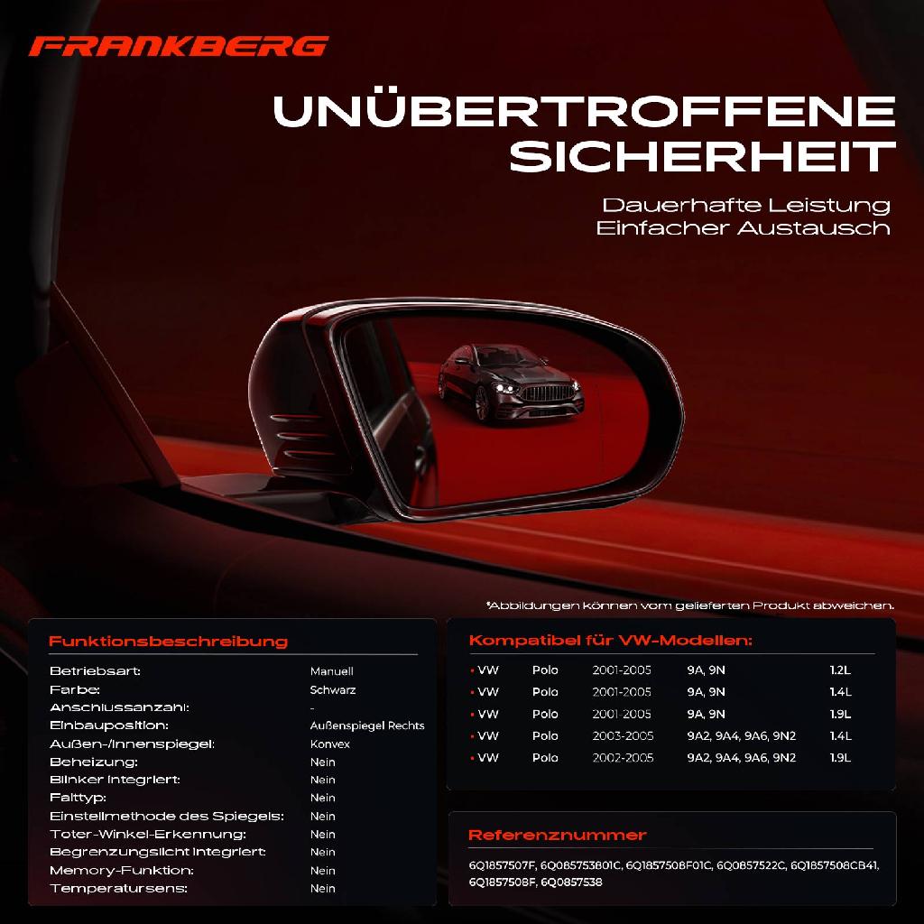 1x Außenspiegel Rechts für VW Polo 9A 9N 9A2 9A4 9A6 9N2 1.2L 1.4L 1.9L 2001-2012