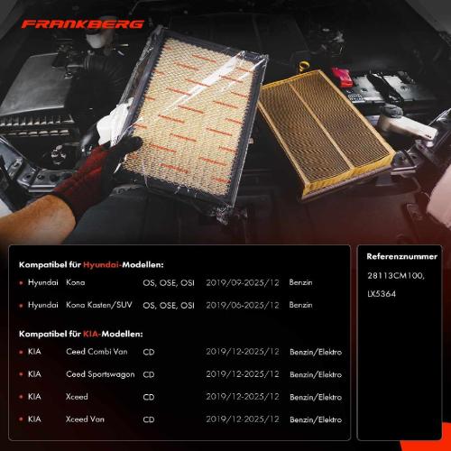 Frankberg 1x Luftfilter Filtereinsatz für Hyundai Kona OS OSE KIA Ceed Combi Van Bj ab 2019 Bild Frankberg 1x Luftfilter Filtereinsatz für Hyundai Kona OS OSE KIA Ceed Combi Van Bj ab 2019