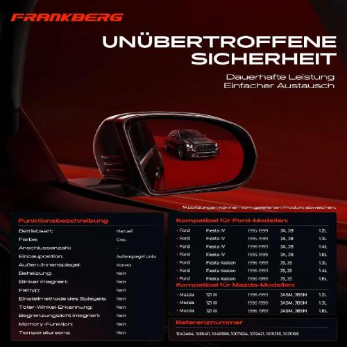 Frankberg 1x Außenspiegel Links für Ford Mazda Fiesta IV III JA JB J3 J5 JASM JBSM 1995-1999 Bild Frankberg 1x Außenspiegel Links für Ford Mazda Fiesta IV III JA JB J3 J5 JASM JBSM 1995-1999