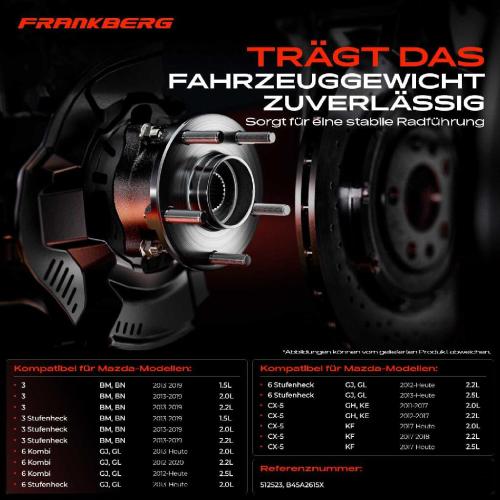 Frankberg 1x Radnabe Radlagersatz Hinterachse beidseitig für Mazda 3 Stufenheck 6 Kombi CX-5 Bj ab 2011 Bild Frankberg 1x Radnabe Radlagersatz Hinterachse beidseitig für Mazda 3 Stufenheck 6 Kombi CX-5 Bj ab 2011