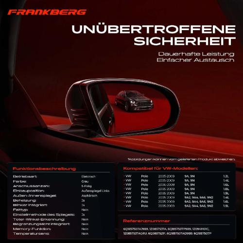 Frankberg 1x Außenspiegel Links für VW Polo 9A 9N 9A2 9A4 9A6 9N2 2005-2009 Bild Frankberg 1x Außenspiegel Links für VW Polo 9A 9N 9A2 9A4 9A6 9N2 2005-2009