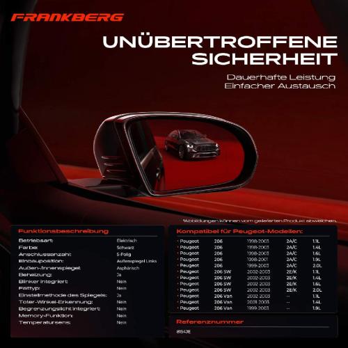 Frankberg 1x Außenspiegel Links für Peugeot 206 Schrägheck 2A/C SW 2E/K 1998-2003 Bild Frankberg 1x Außenspiegel Links für Peugeot 206 Schrägheck 2A/C SW 2E/K 1998-2003