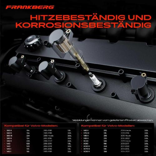 Frankberg 4x Zündspule Zündkerze für Volvo S60 II III S80 S90 V40 Schrägheck V60 I V70 V90 Cross Country Kombi Bild Frankberg 4x Zündspule Zündkerze für Volvo S60 II III S80 S90 V40 Schrägheck V60 I V70 V90 Cross Country Kombi